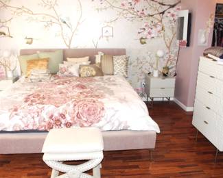 Beautiful bedroom has king size platform bed, Restoration Hardware ottoman and Williams Sonoma/West End Audrey Line furniture.