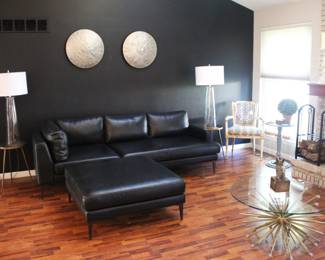 BUY IT NOW!  $975.00.                                                                           West End/Williams Sonoma Black Leather                        sofa w/41" sq. ottoman. 97" L x 39 1/2" W.