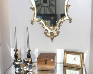 BUY IT NOW!  $125.00. Mirrored gold console table.     36" W x 16" D x 30" H.                                                                           BUY IT NOW!  $350.00  Labarge Mirror.                  
(Black wall hanging in mirror reflection not for sale.)                                