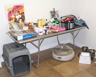 Assorted dog and pet items.