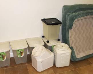 Pet food storage containers, dog beds.