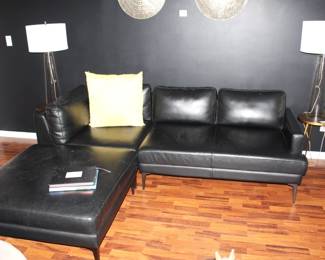 BUY IT NOW!  $975.00.                                                                           West End/Williams Sonoma Black Leather                        sofa w/41" sq. ottoman. 97" L x 39 1/2" W.