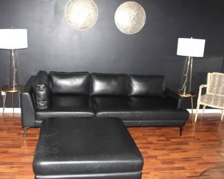 BUY IT NOW!  $975.00.                                                                           West End/Williams Sonoma Black Leather                        sofa w/41" sq. ottoman. 97" L x 39 1/2" W.