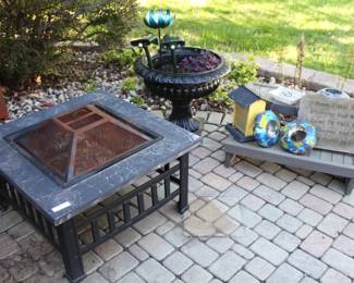 Firepit and assorted garden items.