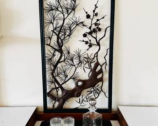 Mid Century Cherry Blossom Metal Art, George Briard MCM Old Fashioned bar glasses, Tiffany crystal decanter.