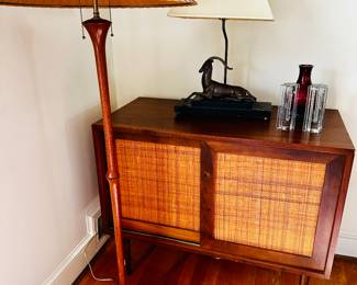 Vintage Studio Craft Floor Lamp with original shade.  Mid Century Rattan front credenza.