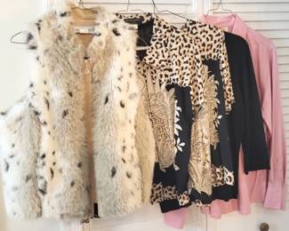 415 - Ladies Assorted Animal Themed Tops Faux Fur Zippered Vest by Annalese, Size M Zippered Leopard Jacket by John Farah, Size S Matching Leopard Shirt by John Farah Black 3/4 Sleeve Shirt by Erin London, size M Pink Ladies Button Up Shirt by Talbots, size 10
