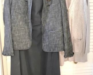 407 - Dress w/ jacket & Cardigan Sweater Overjacket by Rafael, Size 12 Black Sleeveless Lined Zip up Dress by Talbots, size 12 Silver Shimmery Cardigan Sweater by Chico's, size 1
