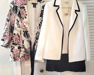 413 - Ladies White & Black Suit & Floral Jacket LeSuit Petite, size 12p - has sleeveless lined shirt & skirt has pleats around bottom Floral Tie Jacket by Willi Smith is lined w/ patch pockets on front, Size M

