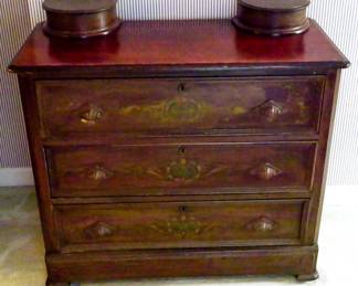 1015 - Victorian 3 Drawer Chest 34.5x40x18 Carved Pulls Stenciled
