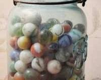 209 - Blue Jar w/ Vintage Marbles
