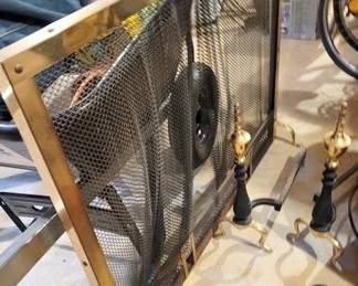 1504 - Brass Fire Screen & Pair Andirons
