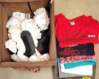 397 - Lot of Assorted Printed Tees & Socks w/ zippered storage box
