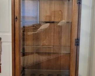 475 - Gun Case converted to Cabinet w/ glass Shelves Has Key - contents of lower cabinet included 73.5 x 23 x 16
