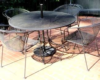 6h - Outdoor Metal 5 Pc Dinette Set Table 28 x 49 Chairs 31 x 26 x 24 with umbrella stand
