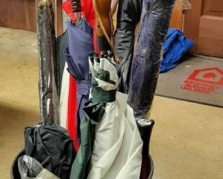 160 - Bucket w/ Assorted Umbrellas
