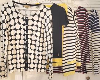 408 - Ladies Assorted Tops/Sweaters Peck & Peck Weekend button up light sweater, size M Black Short Sleeve by Catherine, Size M Cable & Gauge Striped Sweater, size M Yellow & White Scoop Necked Shirt by New Directions, Size L Red, White & Blue Long Sleeve by Tommy Hilfiger, size M Blue & White Striped Long Sleeve by Artist, size M
