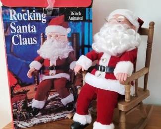 1237 - Rocking Santa Claus You are buying a used as-is electric/electronic item. We do not guarantee all components are present, and if it is not expressly stated, it is untested.
