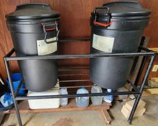155 - Trashcan Metal Rack w/ trashcans 37 x 54 x 24
