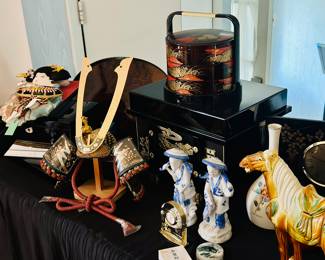 Japanese enamel boxes and gifts, including Samurai Helmet