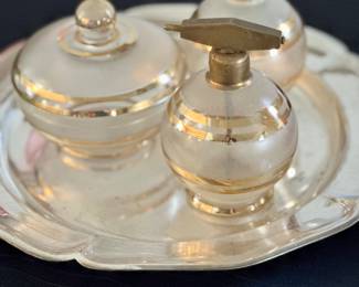 3 pc Etched glass vanity set with gold trim.  Bowl with lid, perfume bottle with stopper and perfume bottle with atomizer.  