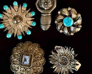 Sterling silver brooches, including Carmelita Simplicio, upper R