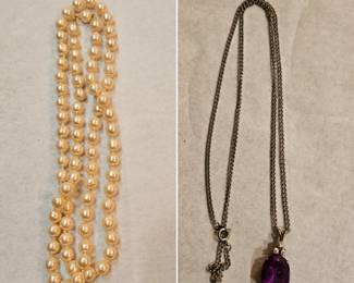 Pearl necklace & a chain w/ Amethyst "like" pendant