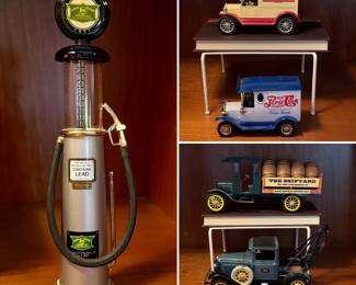 Miniature gas pump and toy delivery trucks