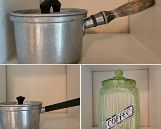 Wear-Ever vintage cooking pots & a Depression glass container