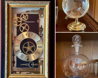 Abstract clock art - small crystal globe - tiny glass ship in a bottle