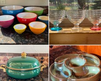 Colored nesting bowls - Glasses - Green lidded pot - Frankoma dip tray