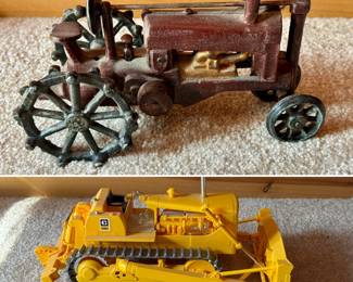 Antique diecast tractor and modern toy bulldozer
