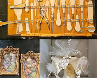 Vintage manicure/pedicure set, small pictures & wedding cake topper