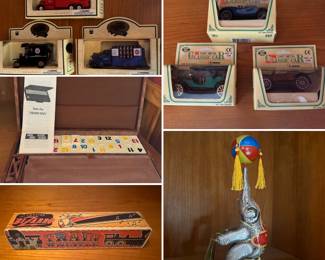 Miniature model cars - Rummikub game - Train whistle - Tin elephant