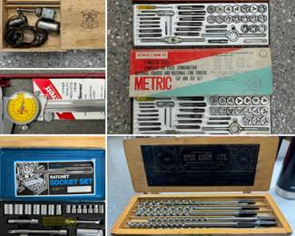 Miti-Mite indicator magnet - Starrett micrometer - tap & die sets - Russell Jennings spur auger set - sockets