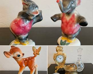 Walt Disney "Fantasia" vintage Elephants & Bambi statues w/ a collection of trinkets, crystal decanter and small clock