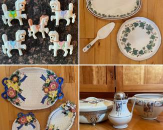 Porcelain carousel pony candle holders, pie service, FF serving platter and Royal-Rochester "Royalite" bakeware