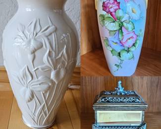 Lenox large vase, porcelain vase with hand painted flowers and jewelry box
