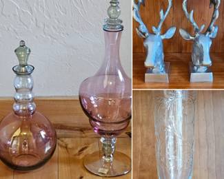 Hand blown glass decanters, stag bookends, sterling vase by Frank M. Whiting & Co