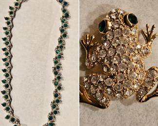 Emerald & clear rhinestones in the necklace & brooch