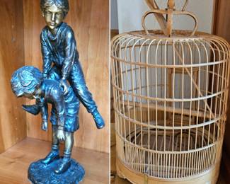 "Leap Frog" bronze statue - wood bird cage