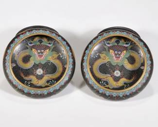 PAIR DRAGON CLOISONNE BOWLS | Chinese cloisonne bowls with yellow dragons in the center on a black ground and chasing dragons around the exterior. -  h. 1.75 x dia. 5.5 in
