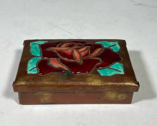 ARTS & CRAFTS COPPER & ENAMELED BOX | Ando Jubei Japanese lidded trinket box, with maker's mark on bottom, with red enameled rose on the lid - h. 1.5 x w. 3.75 x l. 5.75 in