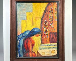 MOTHER & CHILD OIL PAINTING | Post-impressionist style Mother & Child. Oil on board. 23.25 x 17.25 in. Sight. Signed & dated on verso, in wood frame - w. 23.25 x l. 29.25 in