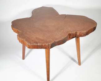 NAKASHIMA STYLE TEAK LIVE EDGE TABLE | Modern style side / low table having a natural "live edge" wood top on a base with four tapering legs. - h. 17.5 x w. 30 x l. 30 in