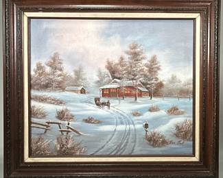 SIGNED WINTERSCAPE PAINTING | Winterscape with cabin. Oil on canvas. 20 x 24 in. Signed lower right, "Van Bell" -  h. 27.5 x w. 31.25 in