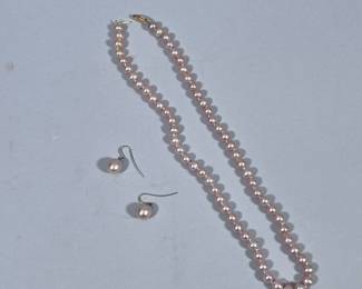 (3pc) 14k & PINK PEARL JEWELRY | Including a pearl necklace designed as a string of 7mm pearls with a 14K gold clasp, and pair of 10.5mm pearl earrings. -  l. 17.5 in
