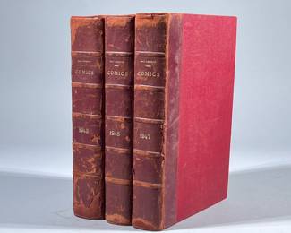 (3pc) COLLECTION OF WALT DISNEY COMICS | Collection of Walt Disney Comics in bound books with leather spines, with each monthly edition from the years 1943, 1946, and 1947 - w. 7.5 x l. 10.25 in