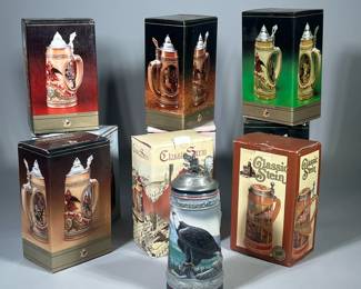 (7pc) STEIN COLLECTION | Six new in box, one without box, including two "Classic Stein" Budweiser steins, and Anheuser-Busch limited edition steins, c. 1980s.
