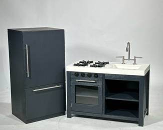 POTTERY BARN KIDS CHARLIE FRIDGE SINK & STOVE | Children’s play set featuring sink, stove and fridge with opening doors in weathered Navy color. - h. 37 x w. 15.5 x l. 18.5 in (fridge)